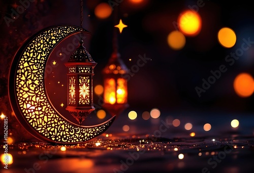 Festive Ramadan Kareem Background with 3D Crescent Lanterns and Bokeh Lights