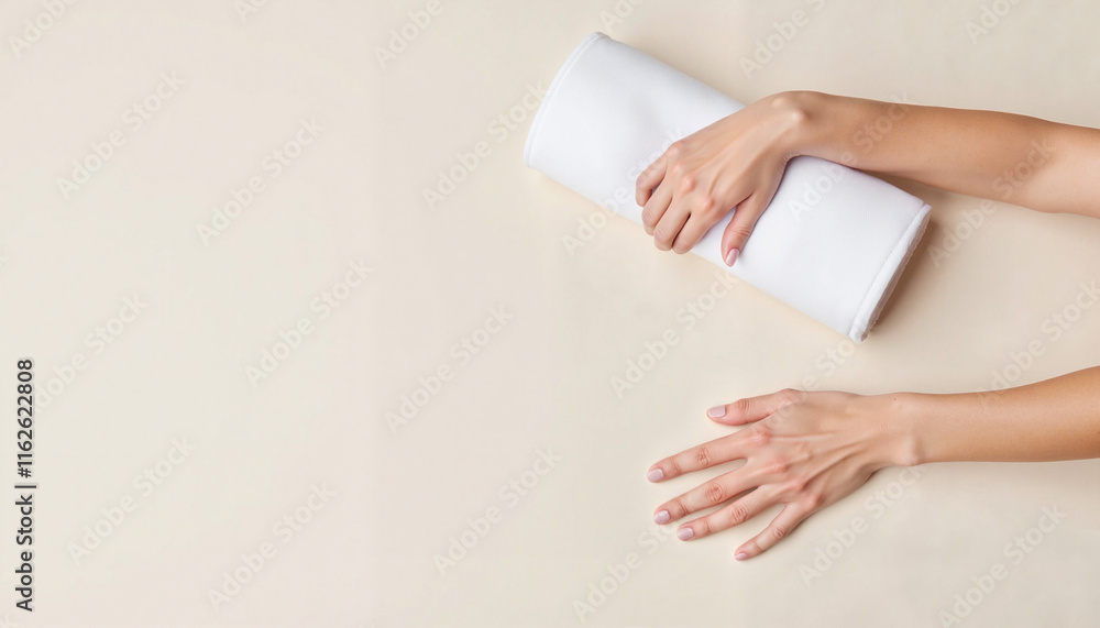 Female hands holding a rolled white towel on beige background Female hands holding a rolled white towel on beige background