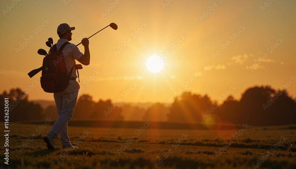 Fototapeta premium Golfer swinging club at sunset on golf course