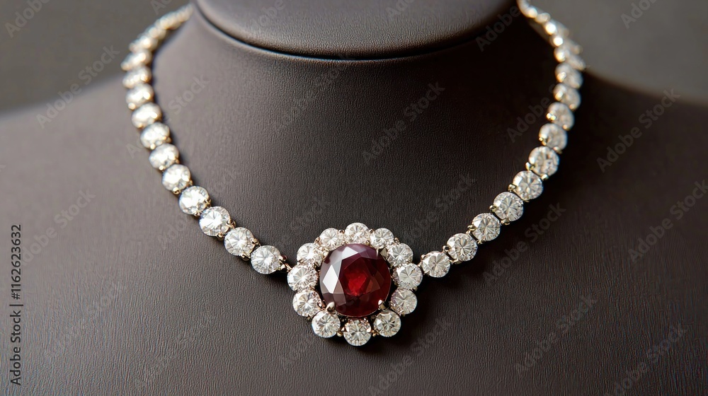 Elegant necklace featuring a central ruby surrounded by diamonds. Elegant necklace featuring a central ruby surrounded by diamonds.