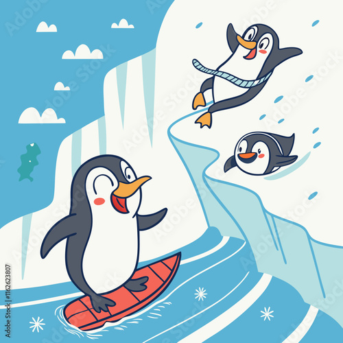 A fun cartoonish penguin colony playing on icy cliffs, diving, and sliding in a vibrant blue and white Arctic winter scene.