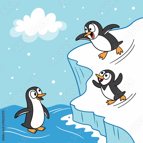 A fun cartoonish penguin colony playing on icy cliffs, diving, and sliding in a vibrant blue and white Arctic winter scene.