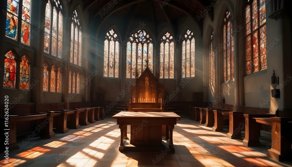 Fototapeta premium Un colorido interior de vidrieras de una antigua iglesia o catedral, con la luz del sol entrando por las ventanas y proyectando vibrantes patrones de luz en las paredes y el suelo