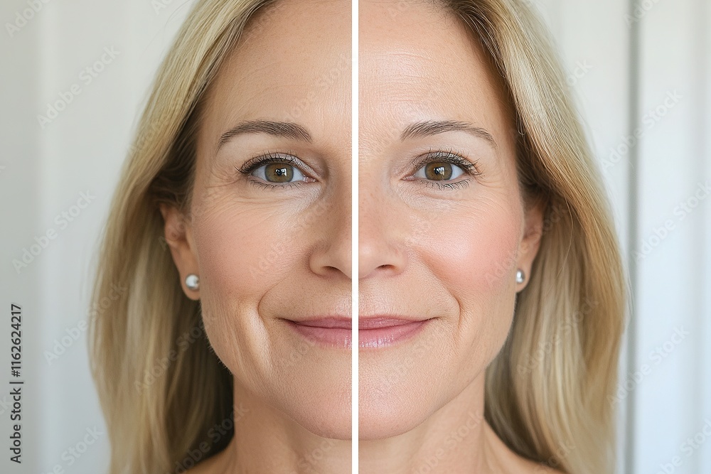 Transformation of a woman's face showcasing before and after skincare treatment effects on skin texture Transformation of a woman's face showcasing before and after skincare treatment effects on skin texture