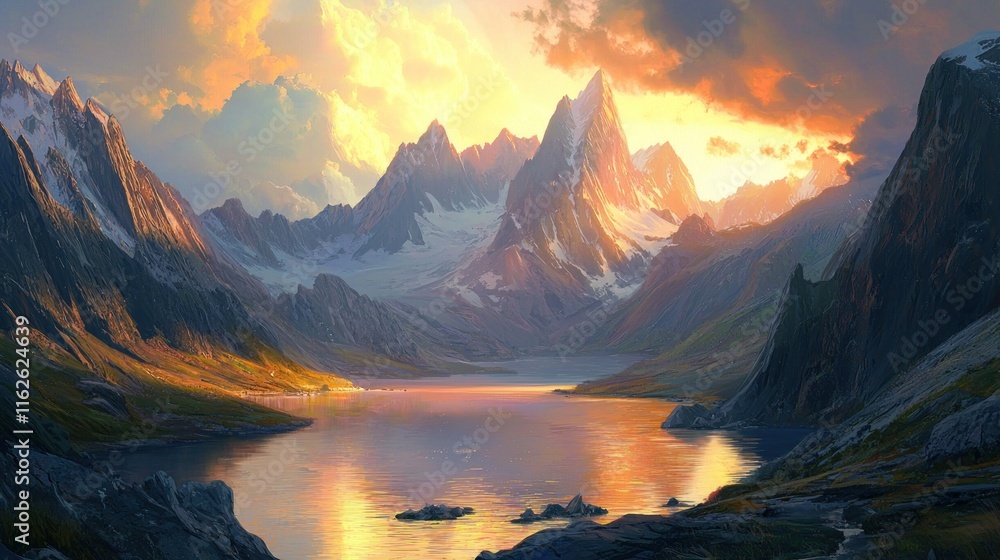 Majestic Mountains Reflecting Sunset In Serene Lake Majestic Mountains Reflecting Sunset In Serene Lake