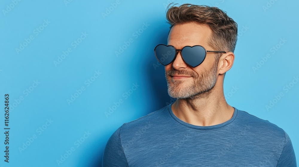 Stylish man with heart-shaped sunglasses against blue background Stylish man with heart-shaped sunglasses against blue background