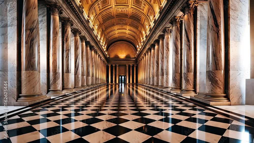 Elegant Marble Hallway with Grand Columns and Reflective Checkered Floor Leading to a Distant Entrance
Elegant Marble Hallway with Grand Columns and Reflective Checkered Floor Leading to a Distant Entrance