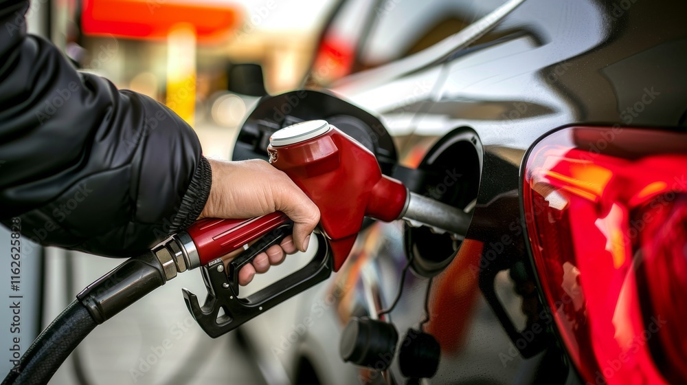A close-up image showing a car being refueled at a gas station, the nozzle actively dispensing fuel, embodying the concept of power and motion for travel. A close-up image showing a car being refueled at a gas station, the nozzle actively dispensing fuel, embodying the concept of power and motion for travel.