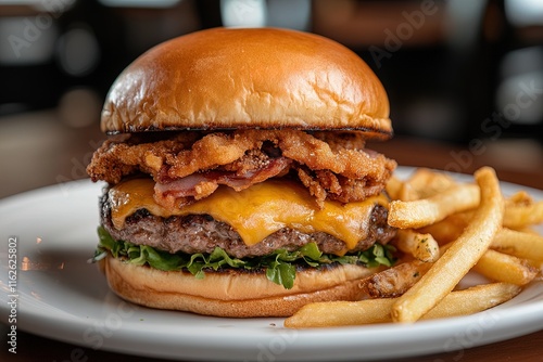 Delicious cheeseburger topped with crispy fried onions and served with golden fries at a casual diner photo