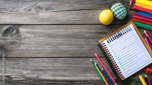 Colorful back to school background featuring school supplies on wooden table: notebooks, pencils, crayons, erasers, and ruler for educational concepts and learning environments photo