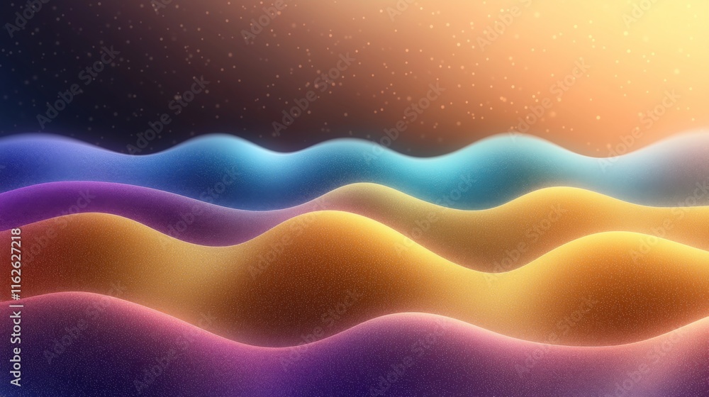 This image features abstract, undulating waves of colorful light in blues, purples, and oranges, set against a luminous starry night background creating a serene vibe. This image features abstract, undulating waves of colorful light in blues, purples, and oranges, set against a luminous starry night background creating a serene vibe.