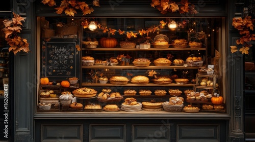 A bakery, richly decorated for the season, showcases a spread of varied pies, surrounded by warmly-lit fall decorations and creating an inviting atmosphere of indulgence. photo