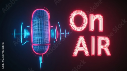 A glowing neon microphone alongside a vibrant 'On Air' sign, signifying live broadcasting, with a futuristic feel and focus on media and communication. photo