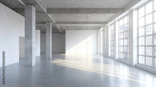 Spacious Loft Interior with Concrete Pillars and Sunlight Streaming Through Large Windows