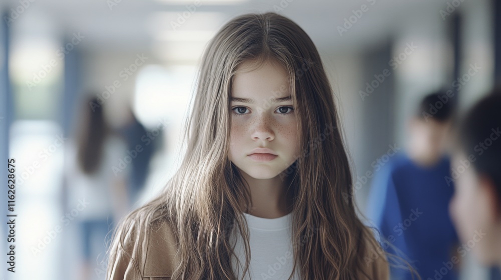 Obraz premium A young girl with long hair stands in a school hallway, looking directly at the camera with a neutral expression, surrounded by blurred figures in the background.