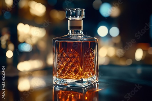 A beautifully crafted glass decanter filled with rich amber whiskey, resting on a reflective surface, creates a luxurious and sophisticated setting. photo