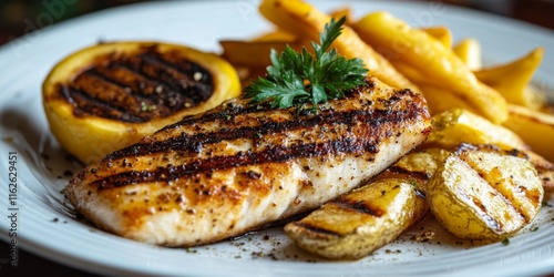 A deliciously grilled fish fillet is served with a slice of lemon, golden roasted vegetables, and garnished with parsley on a beautifully set white plate. photo