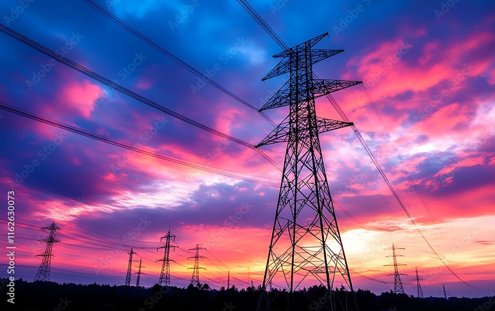 Fototapeta premium Electric power lines and towers silhouetted against a vibrant sunset sky.