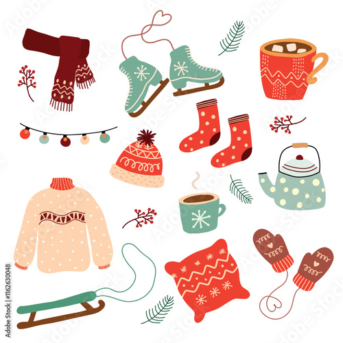 set cozy Winter mood element ornament scarf coat sweater hot coffee marshmallow