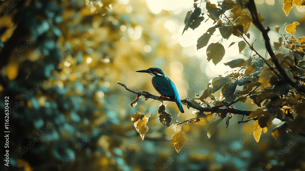 Obraz premium Vibrant kingfisher perched on a branch in a serene forest during twilight hours