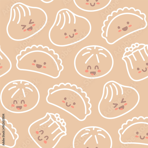 Seamless background with Chinese kawaii dumplings. Xiao Long Bao, Siu Mai, Baozi