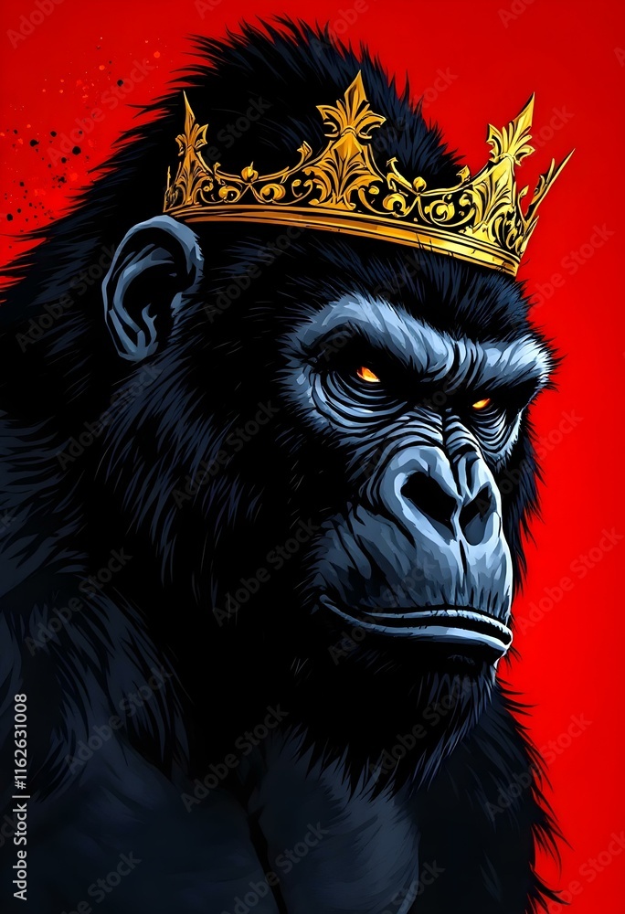 Obraz premium Majestic Gorilla King Golden Crown Red Background Dark Art