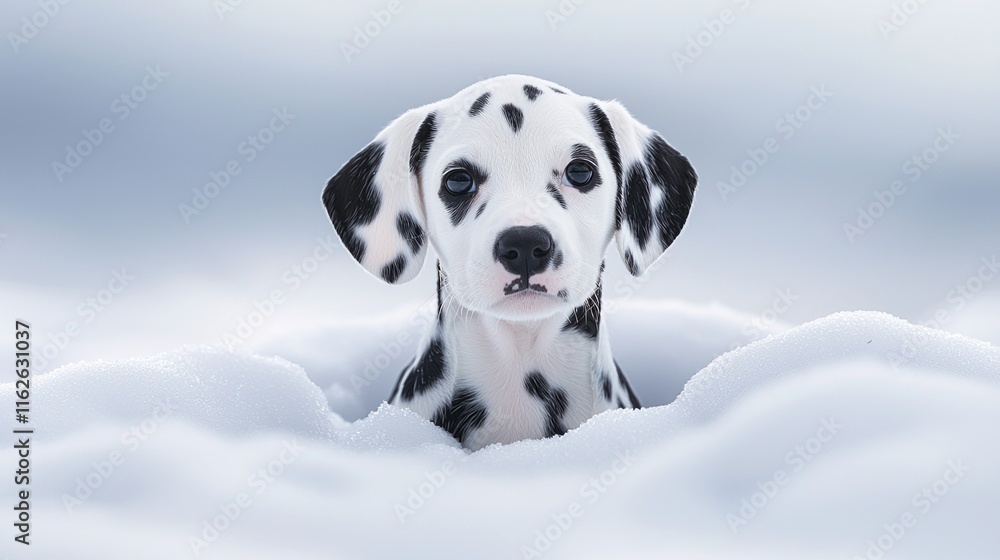 Dalmatian puppy enjoying winter snowy day for seasonal pet themes Dalmatian puppy enjoying winter snowy day for seasonal pet themes