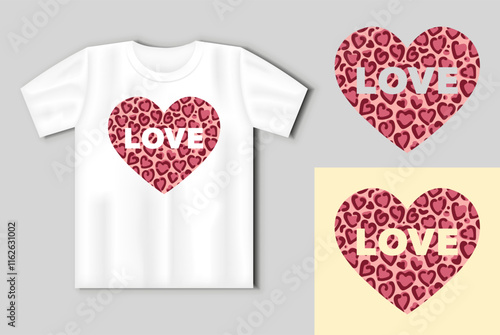 Heart with leopard print and Love inscription. Valentines day concept with t-shirt mockup
