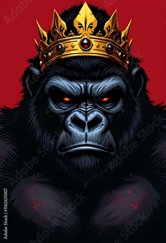 Powerful Gorilla King Wearing Gold Crown Red Background Illustration photo