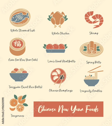 Foods of Chinese Lunar New Year. Flat vector illustration. Holiday menu. Food design template.