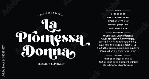 La Promessa Donna: Classic typography serif font. Uppercase, lowercase, ligatures, ampersand, alternative, and number. Vector illustration word. Lettering Minimal Fashion Designs Romance Elegant. 