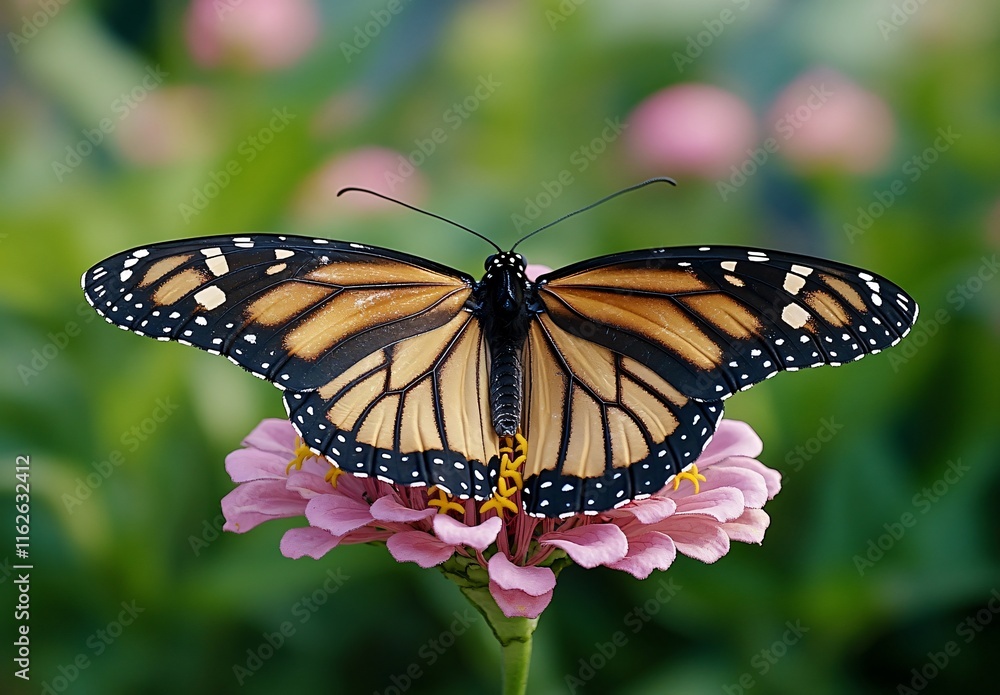 Monarch Butterfly on Pink Zinnia Flower: Closeup Macro Photography Monarch Butterfly on Pink Zinnia Flower: Closeup Macro Photography