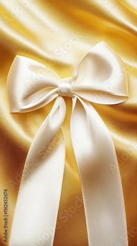 Elegant white satin ribbon bow on gold fabric