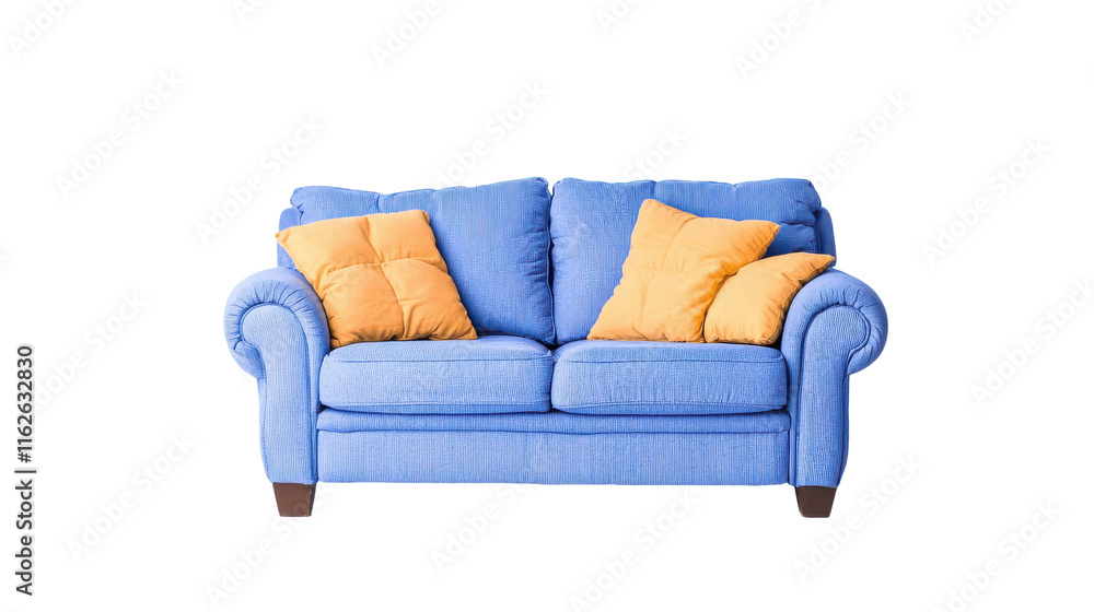 Fototapeta premium Cozy blue sofa with yellow pillows minimalist design interior