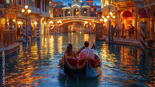 A romantic evening gondola ride through a beautifully lit canal, surrounded by charming architecture and reflections in the water.