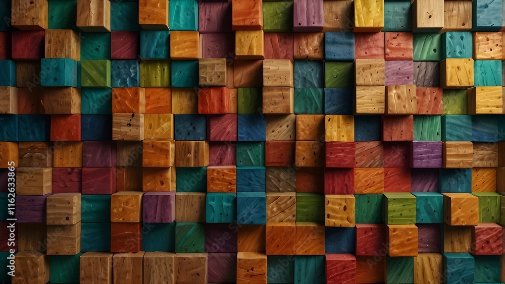 3D wooden square cubes texture wall background banner illustration panorama abstract geometric rainbow hues long wallpaper made of textured wood 3D wooden square cubes texture wall background banner illustration panorama abstract geometric rainbow hues long wallpaper made of textured wood