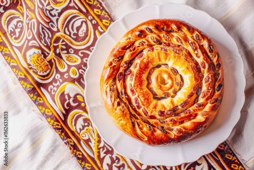 Spiral-shaped kozunak bread on white plate, paired with traditional patterned fabric, embodies cultural heritage, festive traditions, and artisanal baking. Concept of celebration and authentic cuisine photo