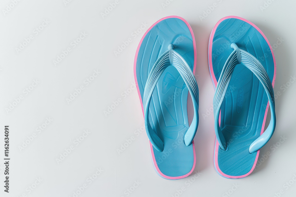 Fototapeta premium A pair of blue flip-flops with pink accents on a white background.