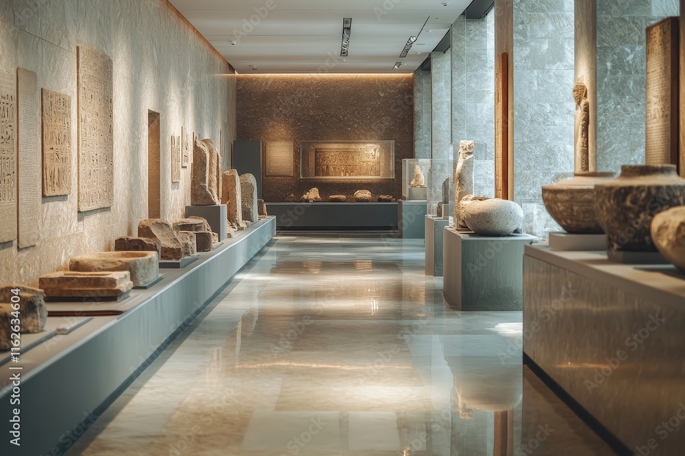 Fototapeta premium A serene museum corridor showcasing ancient artifacts, sculptures, and carvings, illuminated by natural light and highlighting the beauty of history.