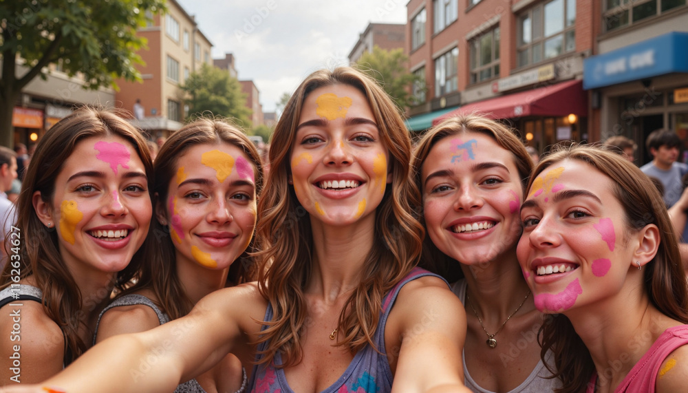 Friends celebrating Holi with colorful faces taking a selfie, joy Friends celebrating Holi with colorful faces taking a selfie, joy