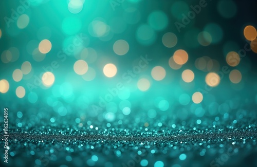 Teal bokeh background with shimmering glitter. Blurred lights create festive holiday atmosphere. Ideal for wallpaper, poster, holiday greeting cards. Suitable for celebration concepts as Christmas, photo