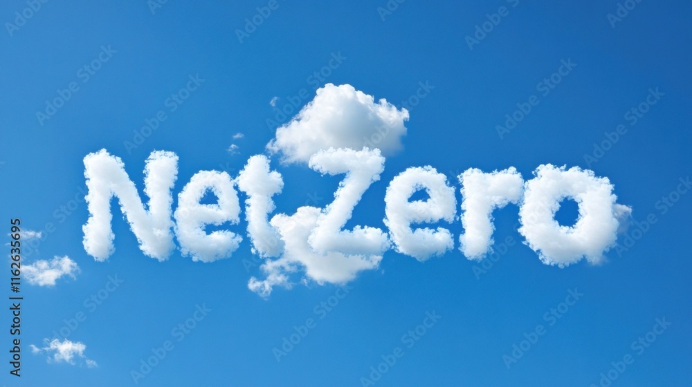 Naklejka premium Net zero concept displayed in cloud formations against a clear blue sky