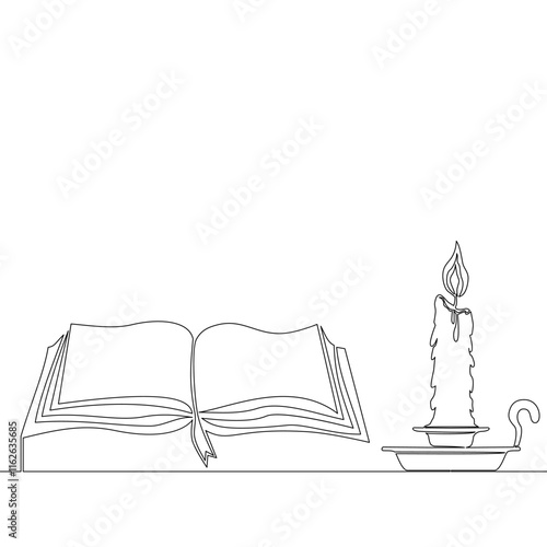 Continuous one single line drawing Open paper book and burning candle, cozy atmosphere, knowledge and literature icon vector illustration concept