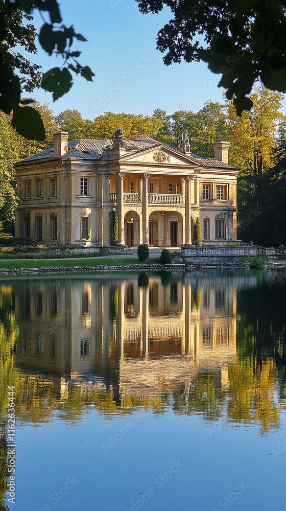 Majestic mansion reflected in serene waters surrounded by lush greenery in a tranquil setting Majestic mansion reflected in serene waters surrounded by lush greenery in a tranquil setting