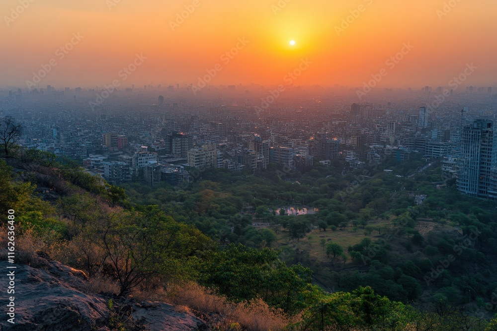 Fototapeta premium A breathtaking sunset over a city skyline, casting warm hues across the horizon, blending urban and natural landscapes in serene beauty.