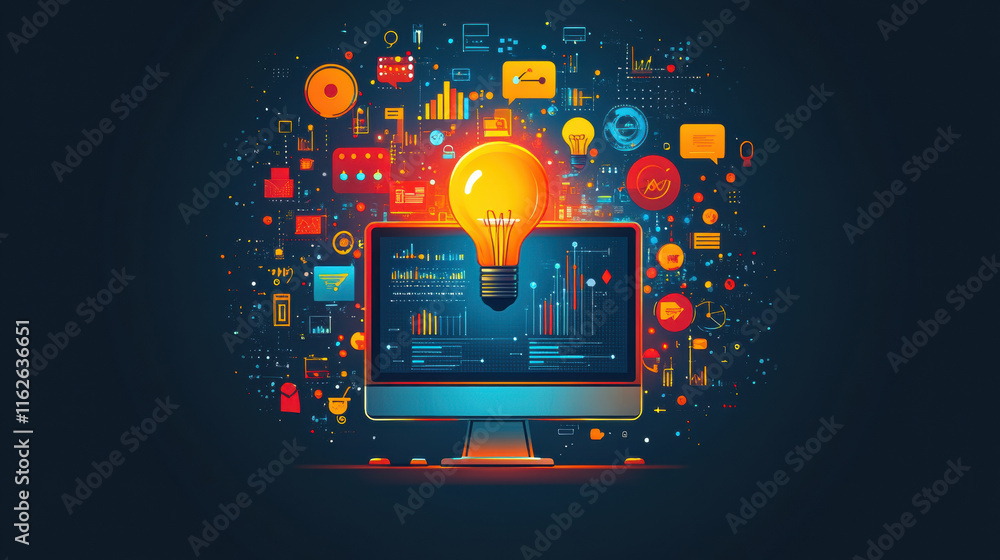 glowing light bulb above computer screen symbolizes innovation and data analysis glowing light bulb above computer screen symbolizes innovation and data analysis