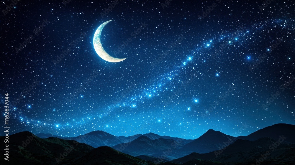 Fototapeta premium Serene Night Sky with Moon and Stars Over Majestic Mountains