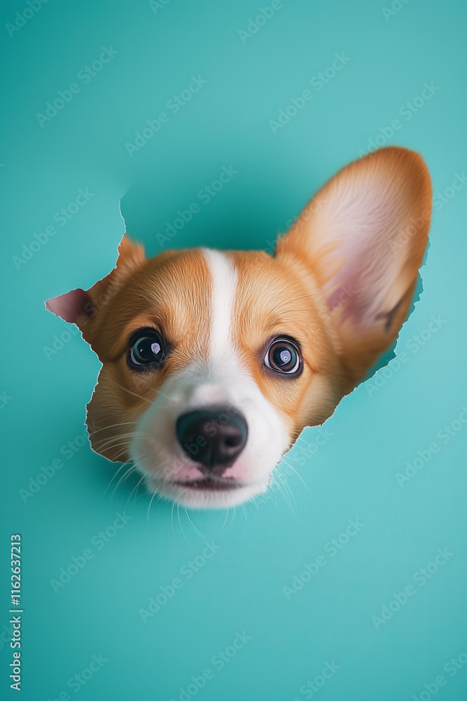 curious corgi puppy poking its nose through a tear in bright turquoise paper, the torn edges creating an artistic frame around the playful expression. The background is a smooth pastel turquoise curious corgi puppy poking its nose through a tear in bright turquoise paper, the torn edges creating an artistic frame around the playful expression. The background is a smooth pastel turquoise