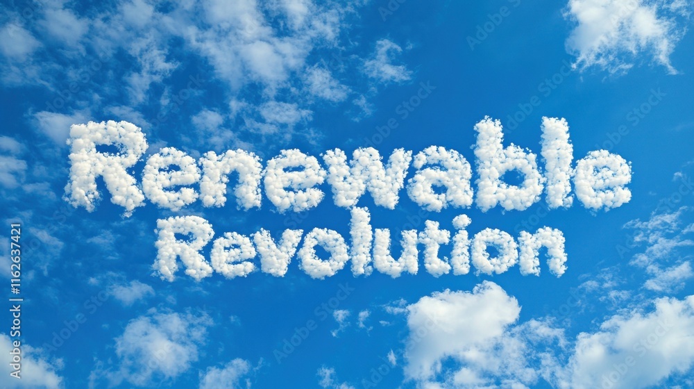 Fototapeta premium Renewable revolution concept with cloud text on clear blue sky background