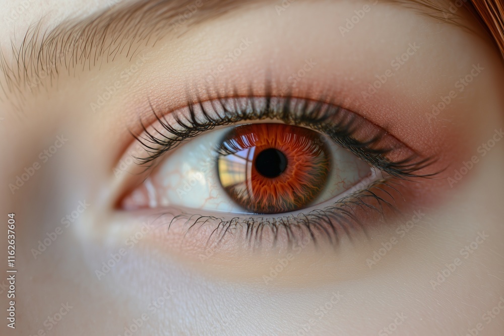 Fototapeta premium Macro shot of a womana??s vibrant coral-red eye, showcasing rich colors and fine gradients in the iris, captured in